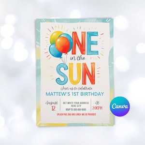 Editable One In The Sun 1st Birthday Party Invitation Beach Ball Summer Splish Splash Boy 1st Birthday Pool Party Instant Download