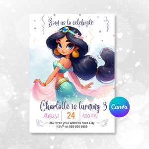 Invitación de la princesa Jasmine, invitación de cumpleaños de Jasmine Aladdin, invitación imprimible de las cumpleañeras de la princesa, que su plantilla de canva de tarjeta