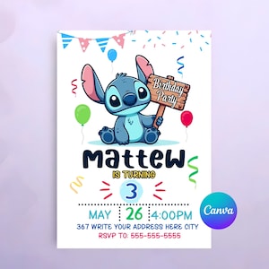 Stitch Birthday Invitation Template, Editable Cartoon Birthday Invitation, Stitch Birthday Party Invitation, Stitch Invite Canva Template