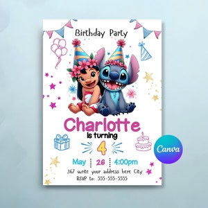 Lilo Stitch Geburtstagseinladungsvorlage, bearbeitbare Cartoon-Geburtstagseinladung, Stitch-Geburtstagsparty-Topper Cupcake, Stitch-Dankeschön-Tag