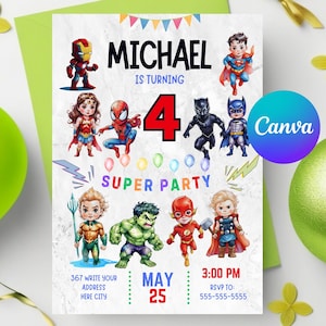 Sjabloon superhelduitnodiging canvas |Superheldenverjaardagsuitnodiging | Afdrukbare uitnodiging verjaardagsfeestje uitnodiging, GRATIS bedankkaart