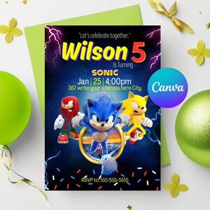 faire-part d'anniversaire sonique | Modèle modifiable et imprimable | Faire-part Sonic l'hérisson | Modification facile dans Canvas | Téléchargement instantané