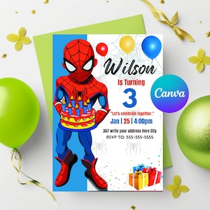 Bearbeitbare Spiderman-Geburtstagseinladungsvorlage, druckbare Geburtstagsfeier-Einladung, digitale Kinderparty-Einladungsvorlage, Spiderman-Karte