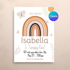 Boho rainbow 1st Birthday Invitation Editable,  she Onederful Invitation Digital Modern Rainbow First Birthday Invite, canva template