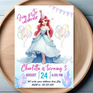 Faire-part d'anniversaire modifiable La petite sirène, carte d'invitation, modèle de toile, invitation de princesse des mers Ariel