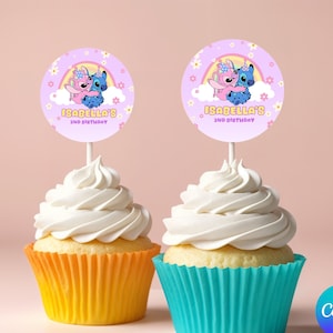 Décoration pour cupcakes Stitch, décoration pour cupcakes modifiable imprimable, fête Stitch, anniversaire Stitch, modèle numérique Canva
