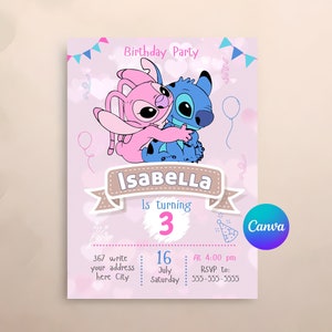 Stitch Editable Birthday Invitation Template, Printable Birthday Party Invitations, Digital Kids Party Invite, Digital Bday, thank you card
