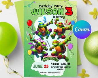 Invitation template canva | Ninja Turtles Party | Birthday invitation |  Birthday boy, Teenage Mutant Ninja Turtle
