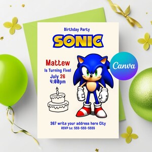 Ensemble d'invitations et de cartes de remerciement Sonic Hedgehog - Modèle de toile éditable pour une soirée sur le thème du jeu vidéo