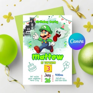 Convite digital da mansão de Luigi - convite de aniversário de Mario Bros, convite para impressão editável verde assustador Canva