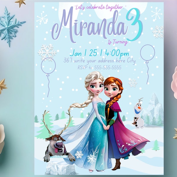 Editable Elsa and Anna Frozen Birthday Invitation Template, Thank you Card, Princess  Evite, Instant Download, Digital Birthday Party canva