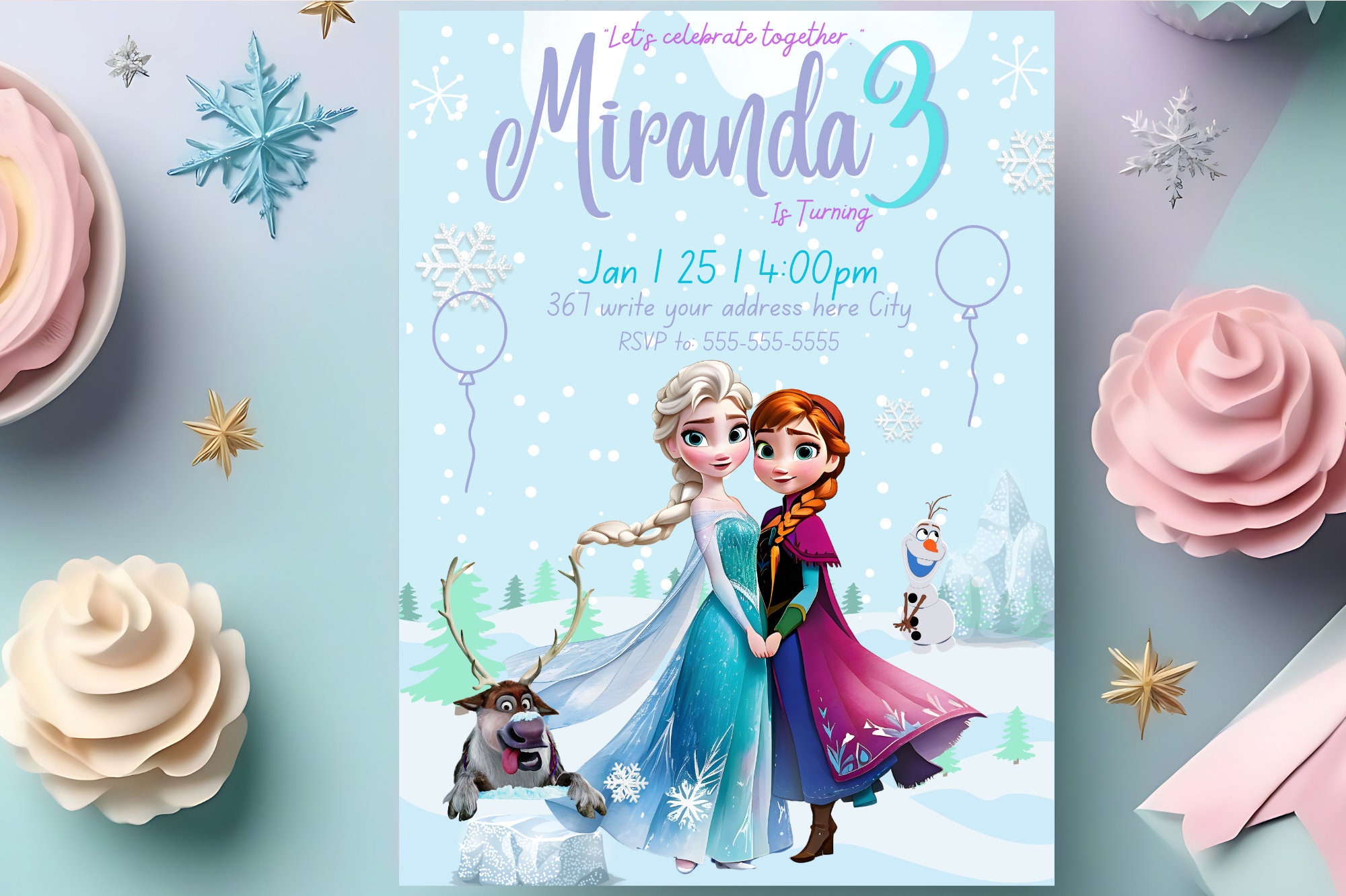 Editable Elsa and Anna Frozen Birthday Invitation Template, Thank You ...