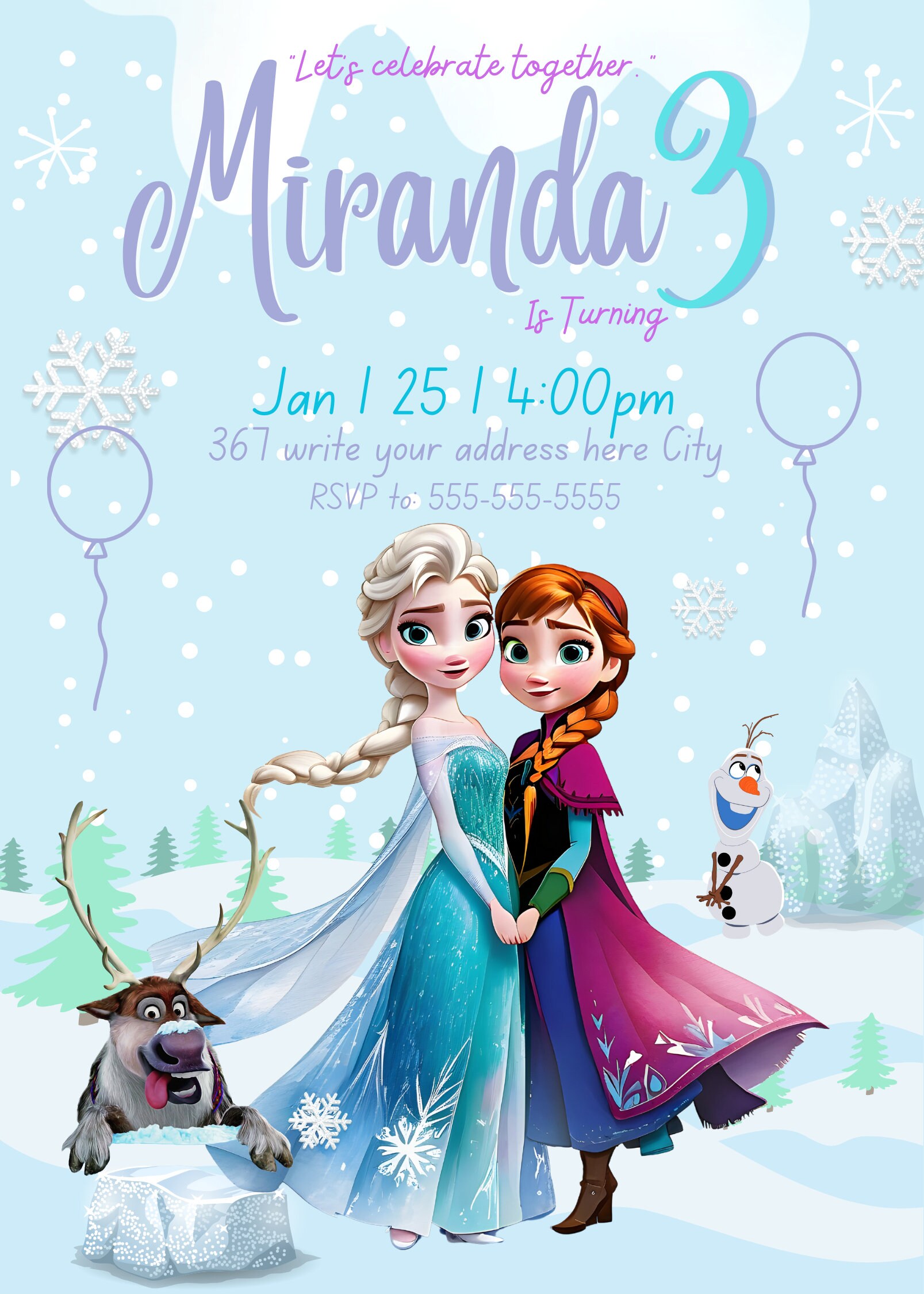 Editable Elsa and Anna Frozen Birthday Invitation Template, Thank You ...