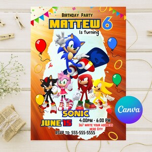 Faire-part d'anniversaire Sonic modifiable | Modèle de toile Sonic le hérisson | Invitation fête garçon | Téléchargement instantané