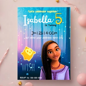 Desejo convite de aniversário, modelo editável de desejo, festa de filme desejo para impressão ou texto 7x5 Princess Party canva