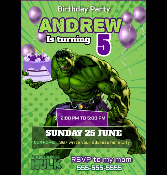 INCREDIBLE HULK Birthday Invitation Editable Online Digital. Etsy