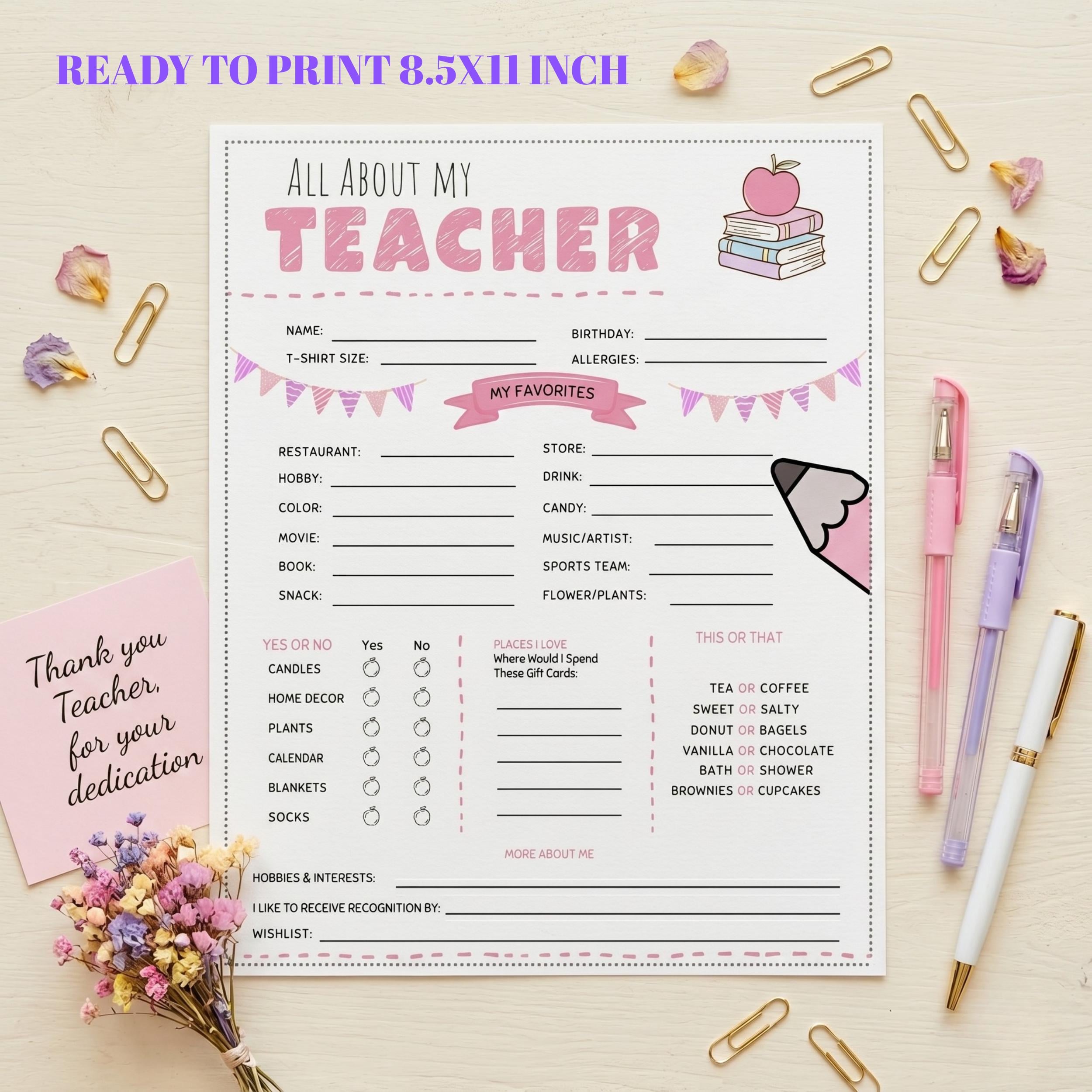Teacher Favorite Things Questionnaire -pink Preppy Editable Teacher ...