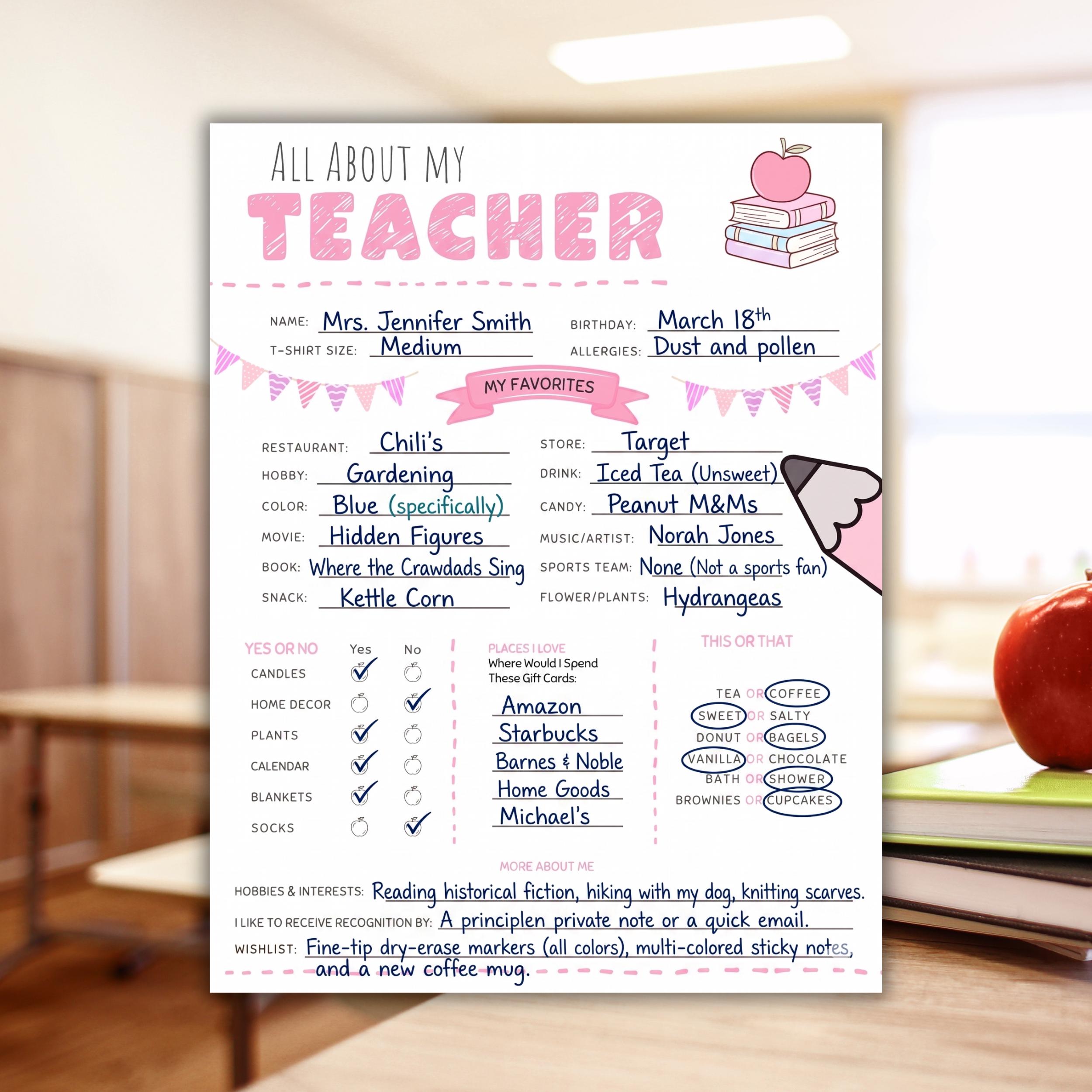 Teacher Favorite Things Questionnaire -pink Preppy Editable Teacher ...