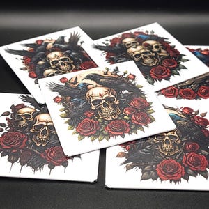 Gothic Skull Rose Magnets, Set of 6, 2.5 x 2.5 Square Magnets, crows, ravens, black birds, gothic magnets, halloween