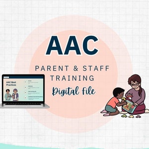 Könnte beinhalten: Illustration zur Förderung des AAC-Eltern- und Mitarbeiter-Trainings. Das Bild zeigt einen Laptop, der ein Schulungsprogramm anzeigt, und einen Cartoon eines Kindes und eines Erwachsenen, die mit Lernwerkzeugen interagieren. Der Text enthält "AAC", "Eltern- und Mitarbeiterschulung" und "Digitale Datei".
