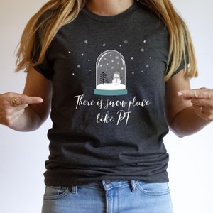May include: A dark gray t-shirt with a snow globe graphic and the text "There is snow place like PT".