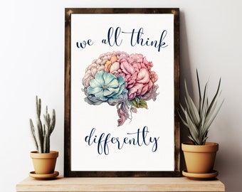 Neurodiversity Brain, We All Think Differently, SEL Affirmations, School Counselor, SLP, Social Worker, Psychology Room Decor, Therapy Print