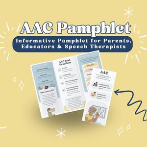 Könnte beinhalten: Ein blaues und weißes Faltblatt mit dem Titel "AAC Pamphlet" und dem Untertitel "Informatives Faltblatt für Eltern, Pädagogen und Logopäden". Das Faltblatt ist in der Mitte gefaltet und zeigt Informationen über die besten AAC-Praktiken und wer AAC verwendet.
