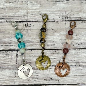 LOVE with heart zipper pulls with Czech glass and Gemstone beads