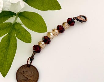 Wren Farthing Purse Charm: 1948 Coin, Czech glass beads