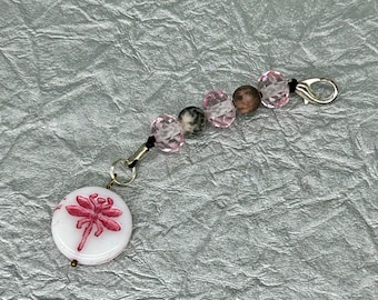 Dragonfly purse charm/zipper pull with crystal beads and pink Rhodonite
