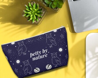 Purple fabric makeup organizer Owl print coin purse Gift for nature lovers Purple and celestial print multipurpose zipper bag Celestial