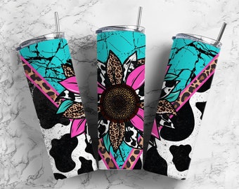 Turquoise Gemstone Sunflower, Cow Print Tumbler, Western, 20oz Tumbler,  30oz Tumbler, Stainless Steel, Double Wall