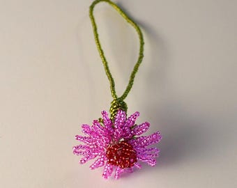 Beaded Daisy Bag Charm - Hot Pink & Red Czech Glass Flower