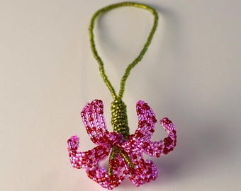 Beaded Sorbonne Lily Bag Charm - Hot Pink & Red Czech Glass Flower