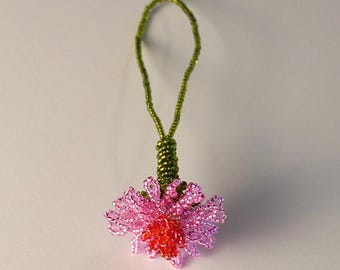 Beaded Daisy Bag Charm - Pink & Red Czech Glass Flower