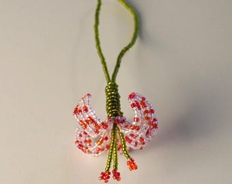Beaded Sorbonne Lily Bag Charm - Light Pink & Red Czech Glass Flower