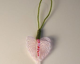 Beaded Anthurium Bag Charm - Light Pink & Red Czech Glass Flower
