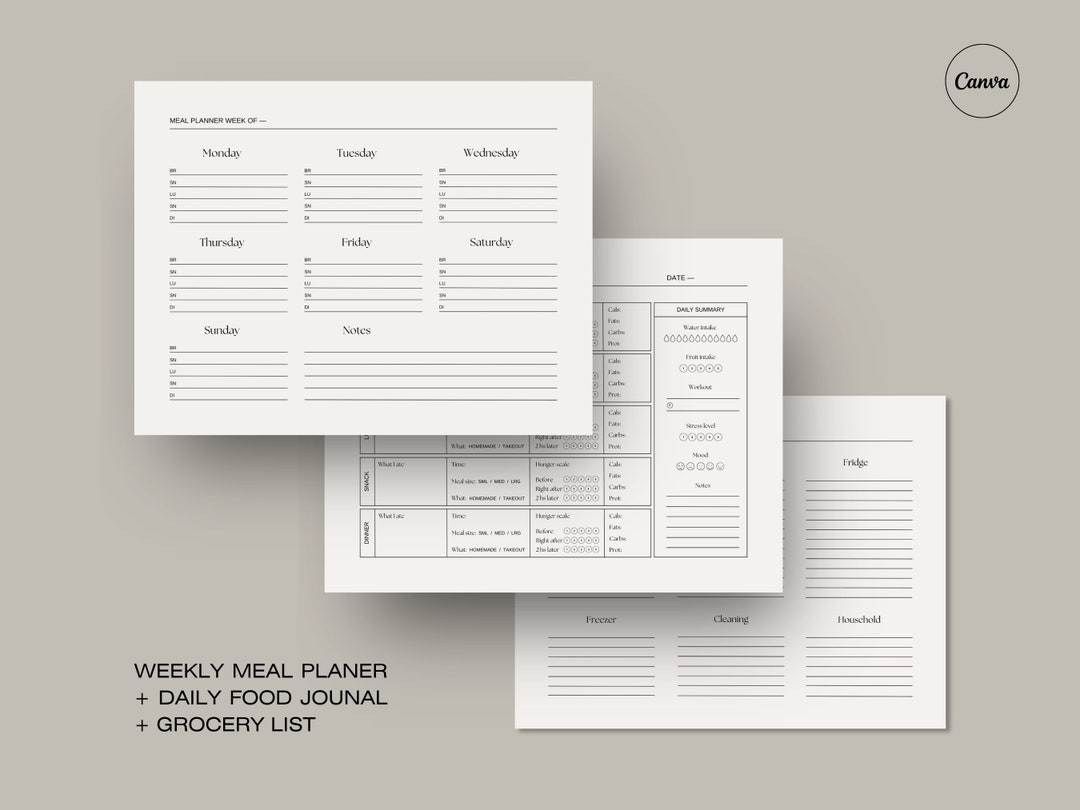Weekly Meal Planner. Printable Daily Food Journal. Grocery List Planner ...