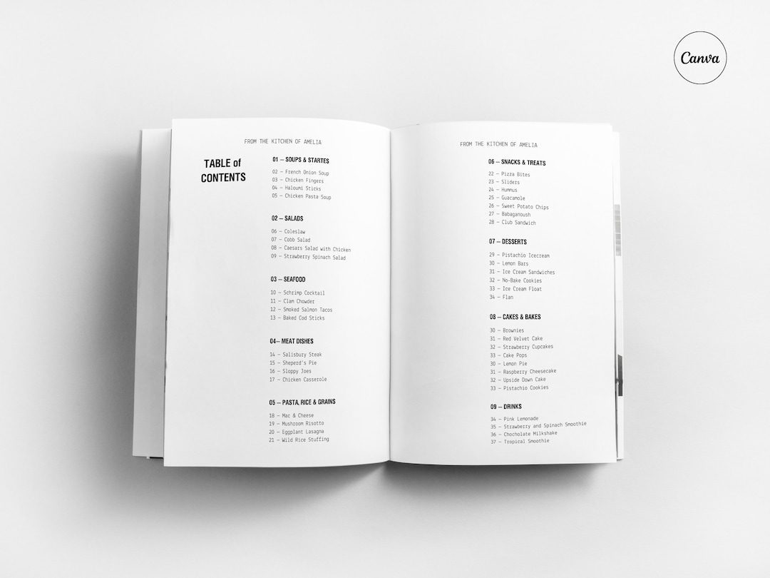 Table of Contents, Cookbook Template, Recipe Book Template, Editable
