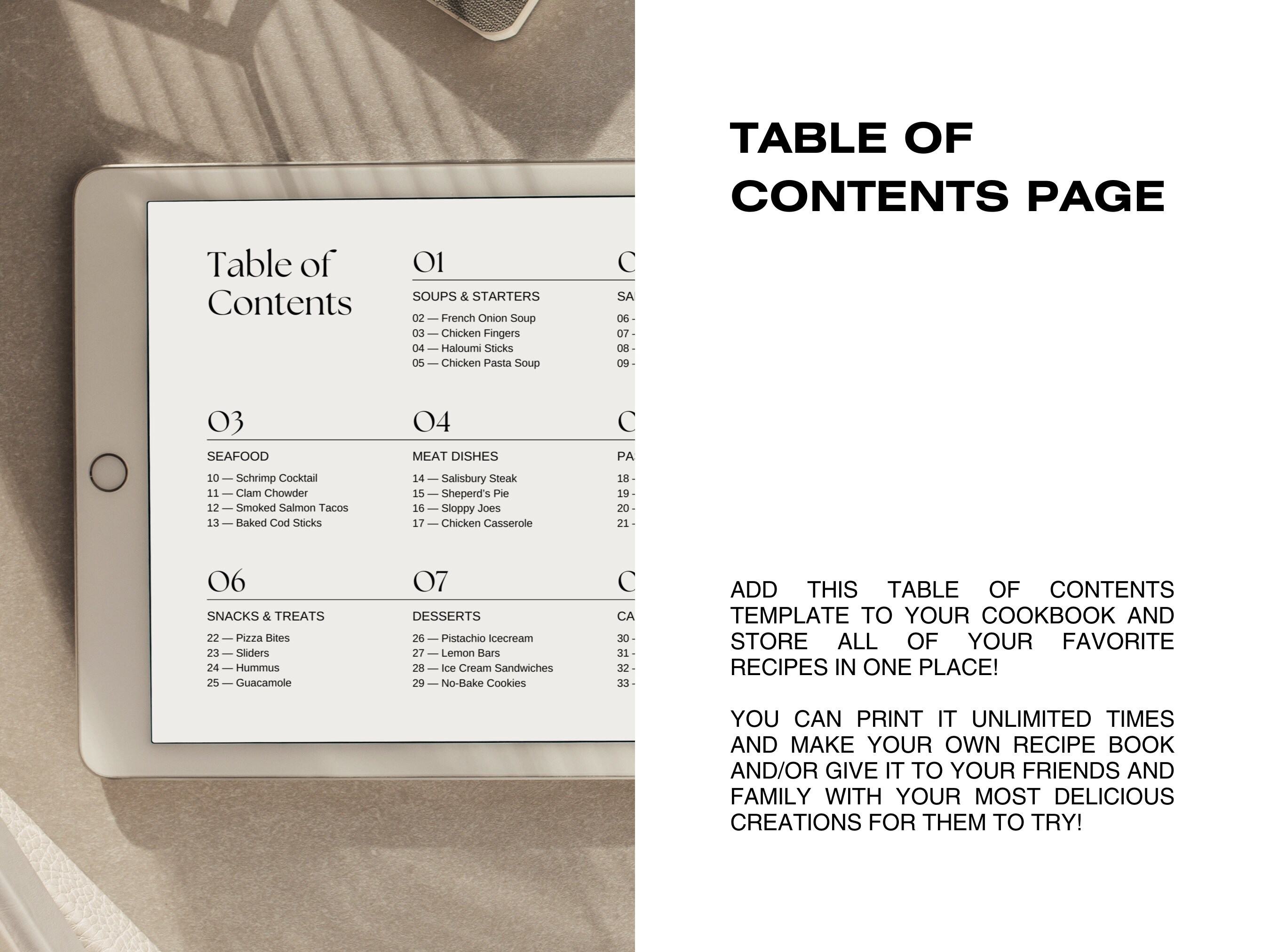 Table of Contents, Cookbook Template, Recipe Book Template, Editable