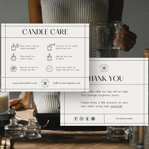 Candle Care and Thank You Card Templates. Editable in Canva