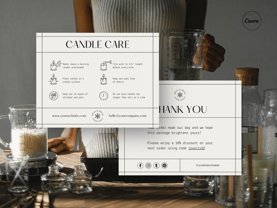 Candle Care Card Template. Printable Candle Safety Instructions, Thank You Card Canva Template