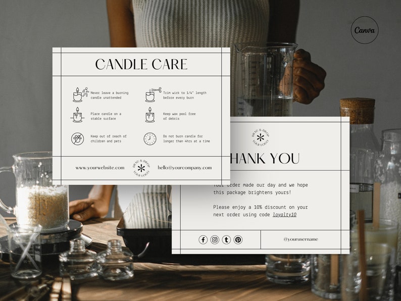Candle Care and Thank You Card Templates. Editable in Canva