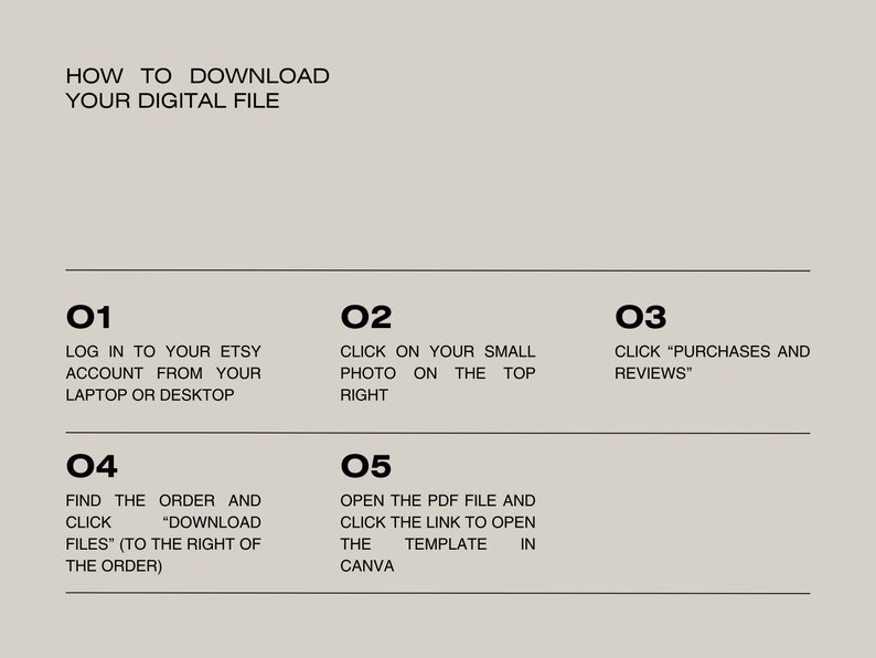 Instructions to download the digital file: click on your profile photo at the top right, click on purchases and reviews, find the order and click download files (to the right).