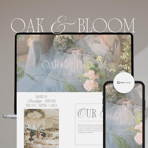 May include: Website screenshot for Oak & Bloom, a floral atelier based in Brooklyn, New York, serving the NYC metro area. The website features a light blue and white colour scheme with a floral design. The text "Oak & Bloom" is displayed in a large, white font. The website also includes a section titled "Our Story" which describes the company's mission and values.