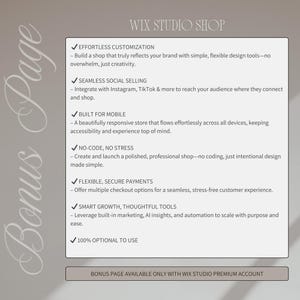 May include: A promotional graphic for Wix Studio Shop, featuring a white rectangular panel with bullet points detailing features like effortless customization, seamless social selling, and mobile-friendly design. The text "WIX STUDIO SHOP" is at the top.