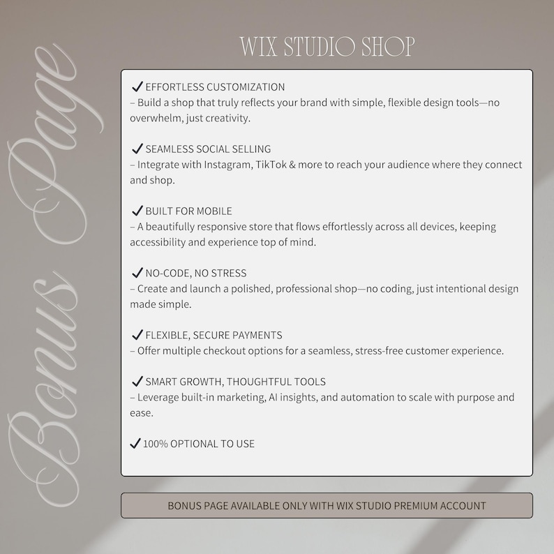 May include: A promotional graphic for Wix Studio Shop, featuring a white rectangular panel with bullet points detailing features like effortless customization, seamless social selling, and mobile-friendly design. The text "WIX STUDIO SHOP" is at the top.