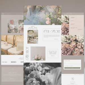 May include: A website design for Oak & Bloom, a floral design studio. The design features a soft, neutral color palette with images of floral arrangements, wedding decor, and website sections labeled "Our Story" and "The Shop".