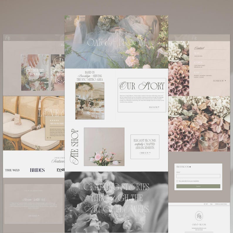May include: A website design for Oak & Bloom, a floral design studio. The design features a soft, neutral color palette with images of floral arrangements, wedding decor, and website sections labeled "Our Story" and "The Shop".