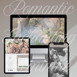 May include: A digital display setup featuring a desktop computer, tablet, and smartphone, showcasing a floral design website. The website's name is "Oak & Bloom Floral Design." The smartphone displays the text "Crafting Stories Through The Art of Flowers."